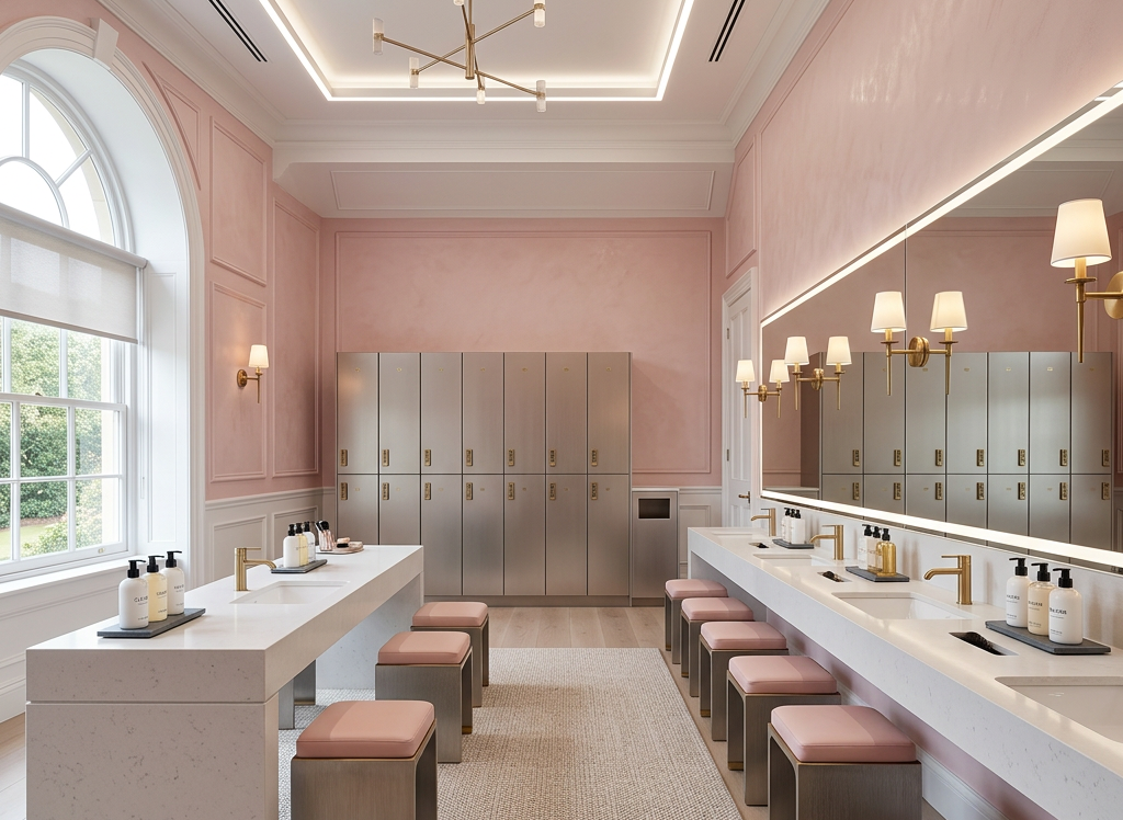 Pink vintage vanity room with white makeup tables, round mirrors, velvet stools, and floral decorations