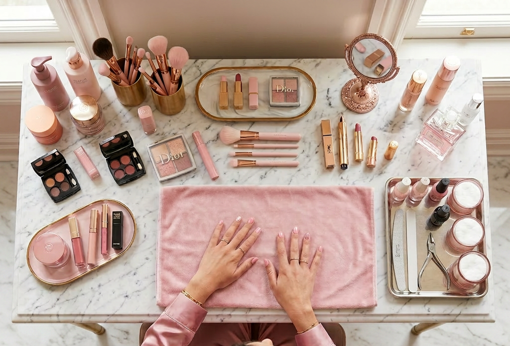Manicurist painting dark red nails with luxury makeup on marble table